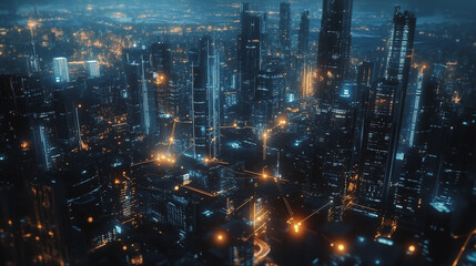 Obraz premium Smart digital Innovation city with connection network reciprocity over the cityscape. of future smart wireless digital city and social media networking systems that connects people with in city