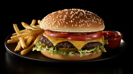 Delicious Cheeseburger with Melted Cheese, Fresh Veggies, and a Side of Crispy Golden Fries and Ketchup.