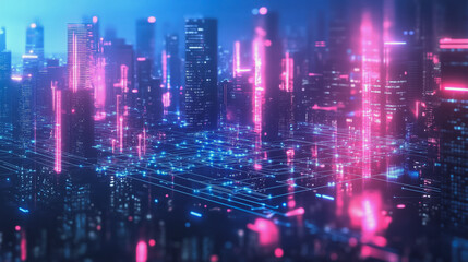 Obraz premium Smart digital Innovation city with connection network reciprocity over the cityscape. of future smart wireless digital city and social media networking systems that connects people with in city