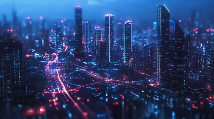 Fototapeta premium Smart digital Innovation city with connection network reciprocity over the cityscape. of future smart wireless digital city and social media networking systems that connects people with in city