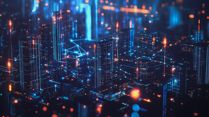 Fototapeta premium Smart digital Innovation city with connection network reciprocity over the cityscape. of future smart wireless digital city and social media networking systems that connects people with in city