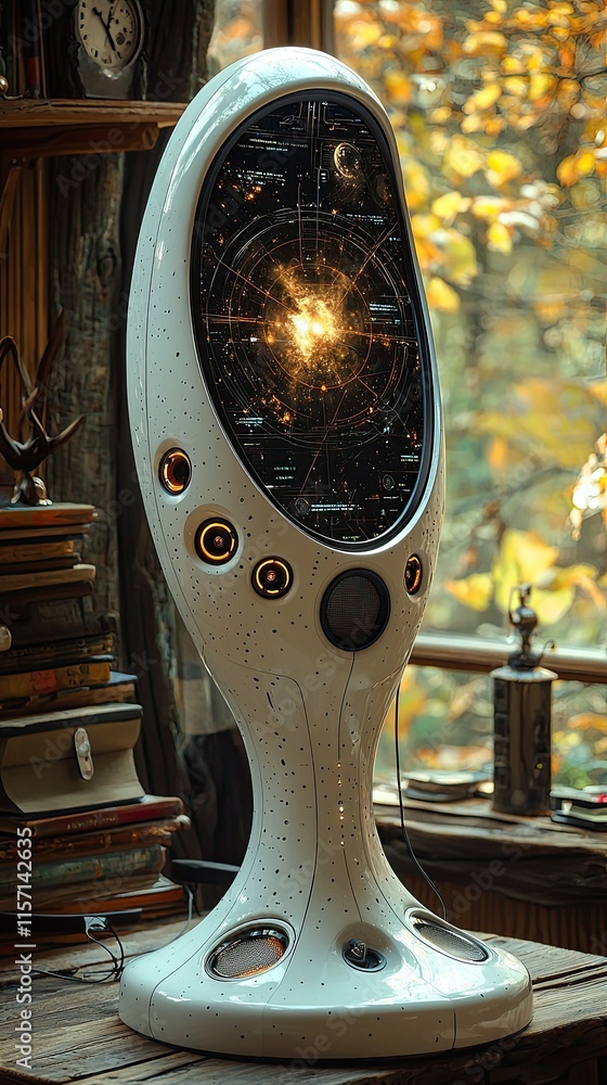 Poster a futuristic device resembling a cosmic display, showcasing a star map in a cozy setting.