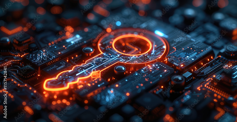 Aufkleber A digital illustration of an abstract wrench-shaped key, glowing with neon blue and red lights on top of intricate circuit patterns, symbolizing the advanced technology behind cyber security system.