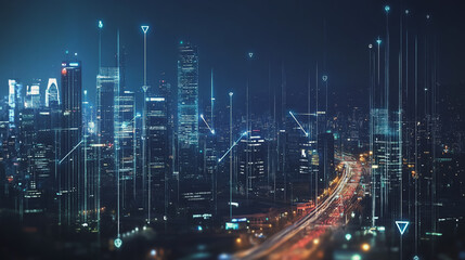 Naklejka premium Smart digital Innovation city with connection network reciprocity over the cityscape. of future smart wireless digital city and social media networking systems that connects people with in city