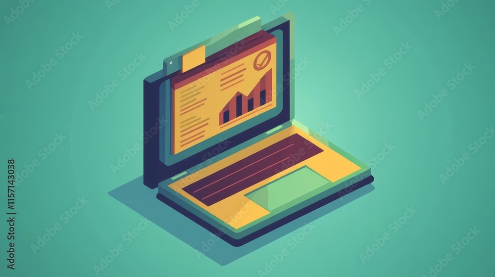 Poster isometric laptop with data analysis graph