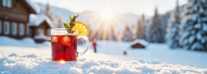 Glass of mulled wine with orange and mint on snowy ground at a ski resort