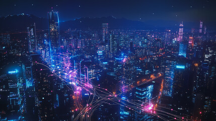 Fototapeta premium Smart digital Innovation city with connection network reciprocity over the cityscape. of future smart wireless digital city and social media networking systems that connects people with in city