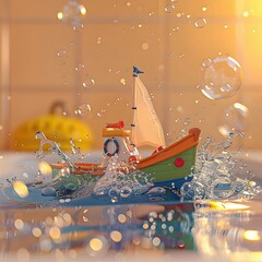 Playful Miniature Boat Adrift in a Vibrant Bathtub Adventure with Splashing Water and Floating Bubbles