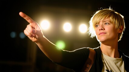 Confident Young Woman Pointing Towards a Bright Stage with Spotlight