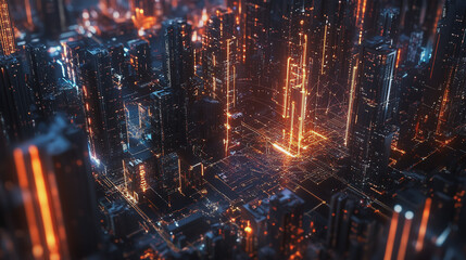 Fototapeta premium Smart digital Innovation city with connection network reciprocity over the cityscape. of future smart wireless digital city and social media networking systems that connects people with in city