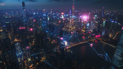 Fototapeta premium Smart digital Innovation city with connection network reciprocity over the cityscape. of future smart wireless digital city and social media networking systems that connects people with in city