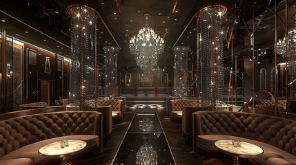 Luxurious Nightclub with Plush Velvet Booths Shimmering Crystal Chandelier and Mirrored Dance Floor Reflecting Revelers Movement