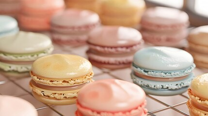 Close up of a Vibrant Assortment of Delicate Macaron Pastries on a Bakery Rack with Soft Focus Showcasing their Smooth Shiny Surface and Almond