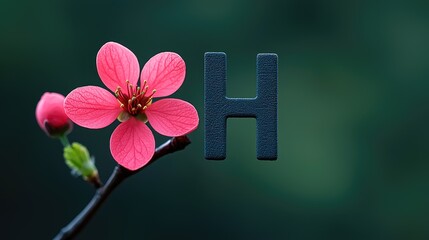 A pink flower with delicate petals alongside a bold, black letter "H" against a soft green background.