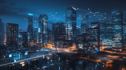 Obraz premium Smart digital Innovation city with connection network reciprocity over the cityscape. of future smart wireless digital city and social media networking systems that connects people with in city