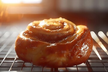 Mouthwatering Cinnamon Bun on Bakery Rack with Warm Inviting Glow and Intricate Dough Details