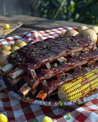 Mouthwatering Barbecue Ribs Platter with Grilled Corn and Baked Potato on Rustic Picnic Setting