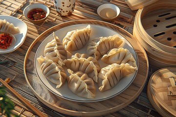 3D Render of Delicately Crafted Pork and Vegetable Dumplings on a Rustic Wooden Table with Bamboo Steamers and Dipping Sauces