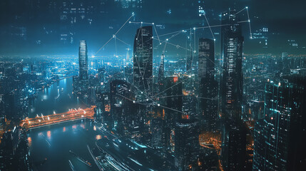 Fototapeta premium Smart digital Innovation city with connection network reciprocity over the cityscape. of future smart wireless digital city and social media networking systems that connects people with in city