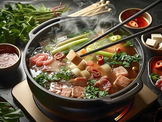 Aromatic and Flavorful Hot Pot Feast with an Array of Ingredients for a Delightful Dining Experience