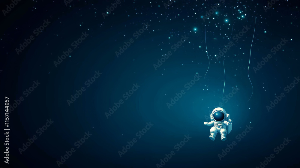 Poster astronaut floating in a serene night sky filled with twinkling stars and cosmic strings