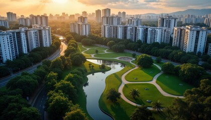 Obraz premium Urban park in city with many high-rise buildings. Green spaces, winding paths seen in park. Water features in park. Scenic view from above. Sunrise sunset lighting creates warm tones in photo. City