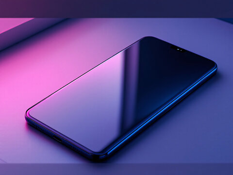 Sleek smartphone with vibrant screen on reflective surface.