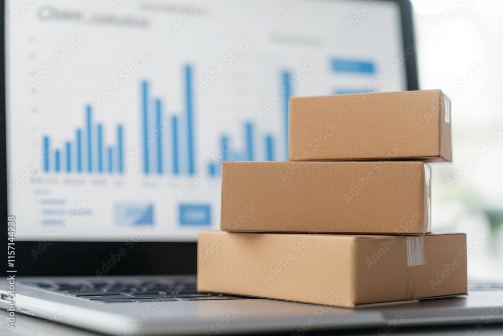 Poster e-commerce growth represented by stacked packages in front of a laptop displaying data analysis