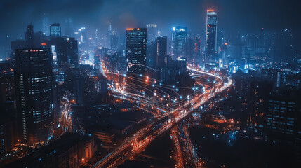 Fototapeta premium Smart digital Innovation city with connection network reciprocity over the cityscape. of future smart wireless digital city and social media networking systems that connects people with in city