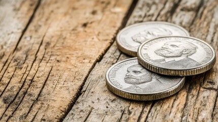 Old Coins on Rustic Wooden Background
