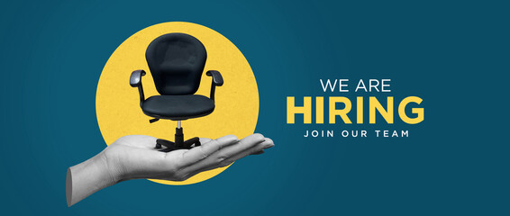 We are hiring. Join to the team announcement. Hiring recruitment concept hand holding a office chair.