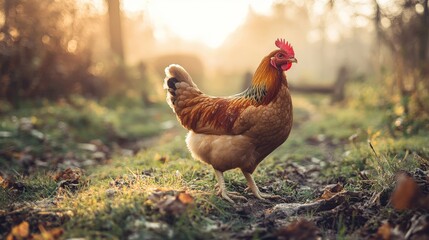 Fototapeta premium Golden Hen in Autumnal Sunlight: A Rural Idyll