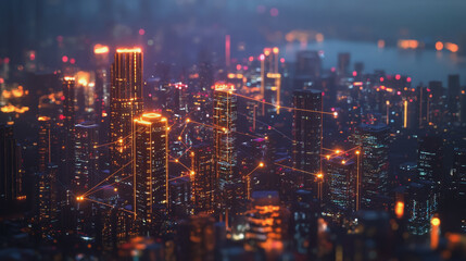 Fototapeta premium Smart digital Innovation city with connection network reciprocity over the cityscape. of future smart wireless digital city and social media networking systems that connects people with in city