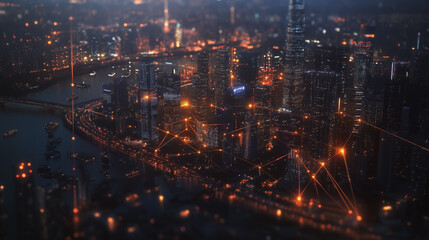 Naklejka premium Smart digital Innovation city with connection network reciprocity over the cityscape. of future smart wireless digital city and social media networking systems that connects people with in city