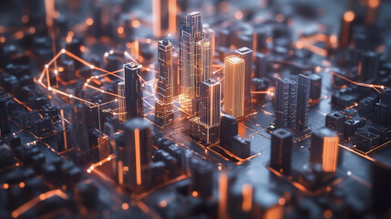 Smart digital Innovation city with connection network reciprocity over the cityscape. of future smart wireless digital city and social media networking systems that connects people with in city