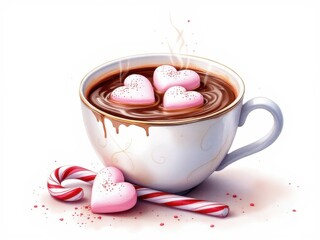 Cozy watercolor illustration of a cup of hot chocolate with hearts, ideal for Valentine's Day, winter designs, or a warm and romantic atmosphere.