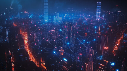Smart digital Innovation city with connection network reciprocity over the cityscape. of future smart wireless digital city and social media networking systems that connects people with in city