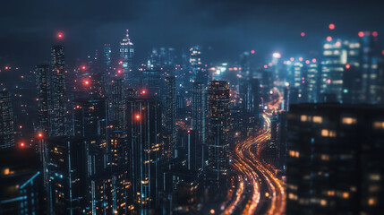 Fototapeta premium Smart digital Innovation city with connection network reciprocity over the cityscape. of future smart wireless digital city and social media networking systems that connects people with in city