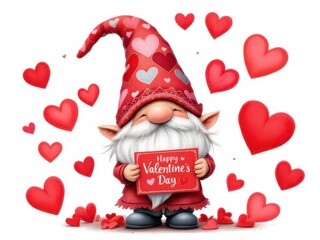 Charming watercolor illustration of a gnome with a heart, ideal for romantic designs, Valentine’s Day cards, or cute illustrations.