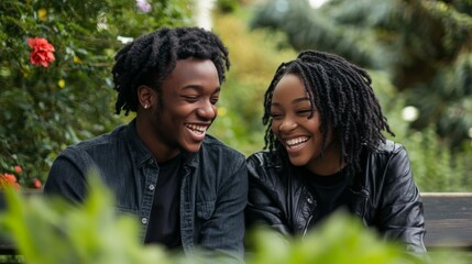 Fototapeta premium African young adults laughing together outdoors on a park bench