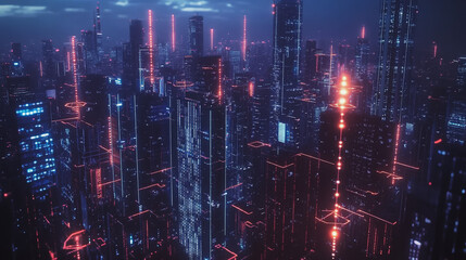 Smart digital Innovation city with connection network reciprocity over the cityscape. of future smart wireless digital city and social media networking systems that connects people with in city