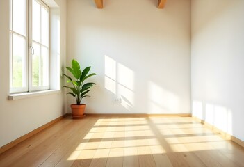 empty room with window and green plant