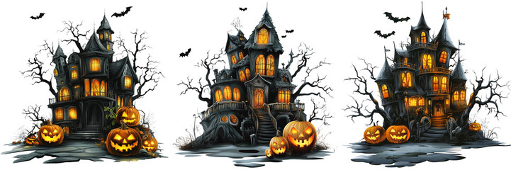 Fototapeta premium Set of A cozy front porch decorated for Halloween with an array of carved pumpkins on transparent png background (2)