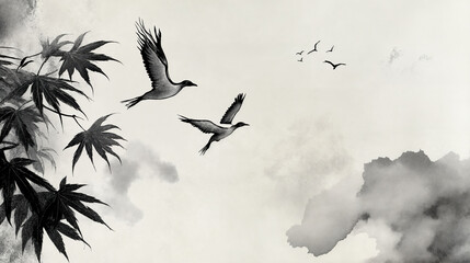 Monochromatic painting featuring several birds in flight, with some leaves and clouds in the background.