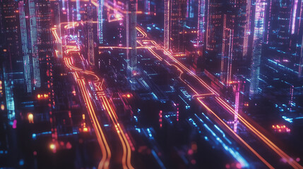 Naklejka premium Smart digital Innovation city with connection network reciprocity over the cityscape. of future smart wireless digital city and social media networking systems that connects people with in city