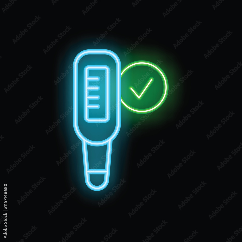 Poster neon electronic thermometer is showing normal temperature with check mark icon on black background