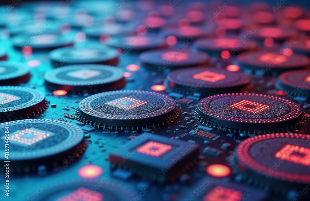 Aufkleber Close-up view of silicon wafers with microchips. Modern tech circuit boards with integrated circuits. Round chips on substrate highlighted with colourful lights. Advanced manufacturing process for
