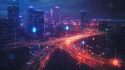 Naklejka premium smart, digital, city, connection, network, innovation, Smart digital Innovation city with connection network reciprocity over the cityscape. of future smart wireless digital city and social media netw