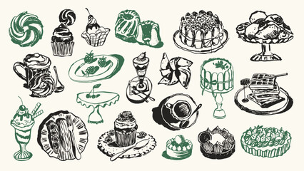 Minimal vector hand drawn food and beverage doodles collection. Art for postcards, posters, branding, logo design, background, social media.