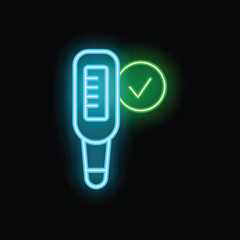 Neon electronic thermometer is showing normal temperature with check mark icon on black background